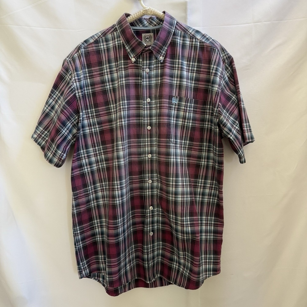 Cinch Men's Short Sleeve Button-Down Shirt Multicolor Plaid 100%‎ Cotton Large